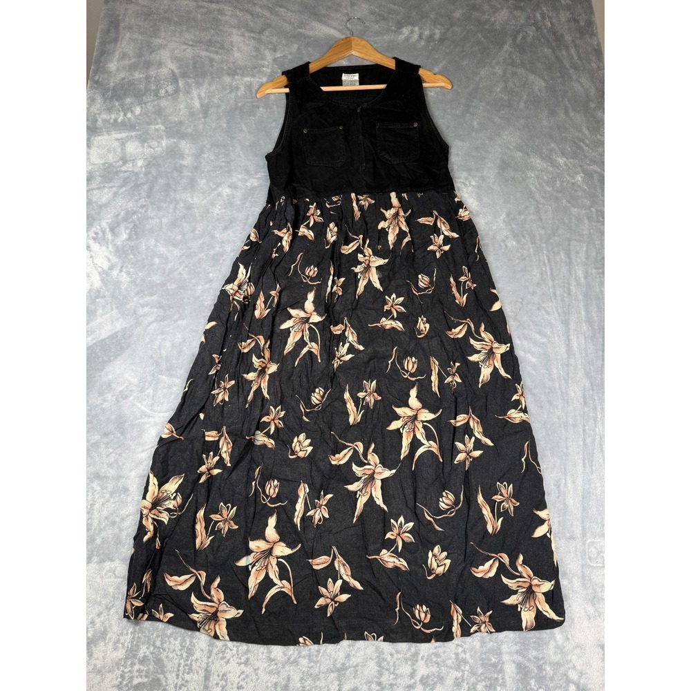 Solutions New York Maxi Dress Women Large Black Floral Pleated Pockets Front Zip